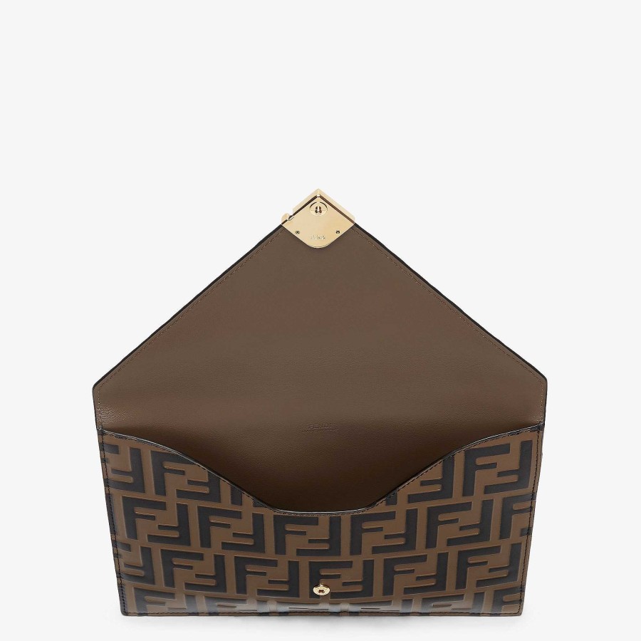 Donna Fendi Pochette | Custodia Piatta Ff Con Diamanti Marrone